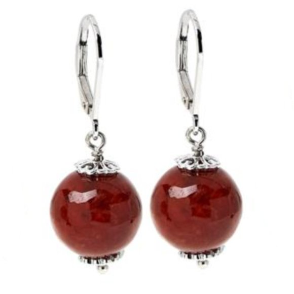Sterling Silver Enhanced Red Jade Drop Leverback Earrings - Picture 1 of 4